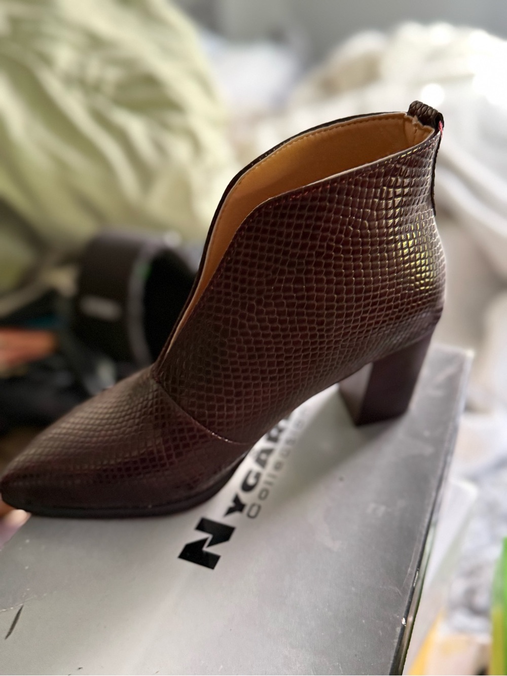 Brown Textured Leather Block Heel Ankle Boot